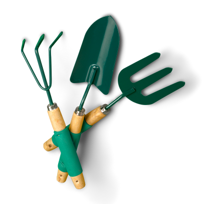 Green garden tools: hand rake, trowel, and fork with wooden handles.