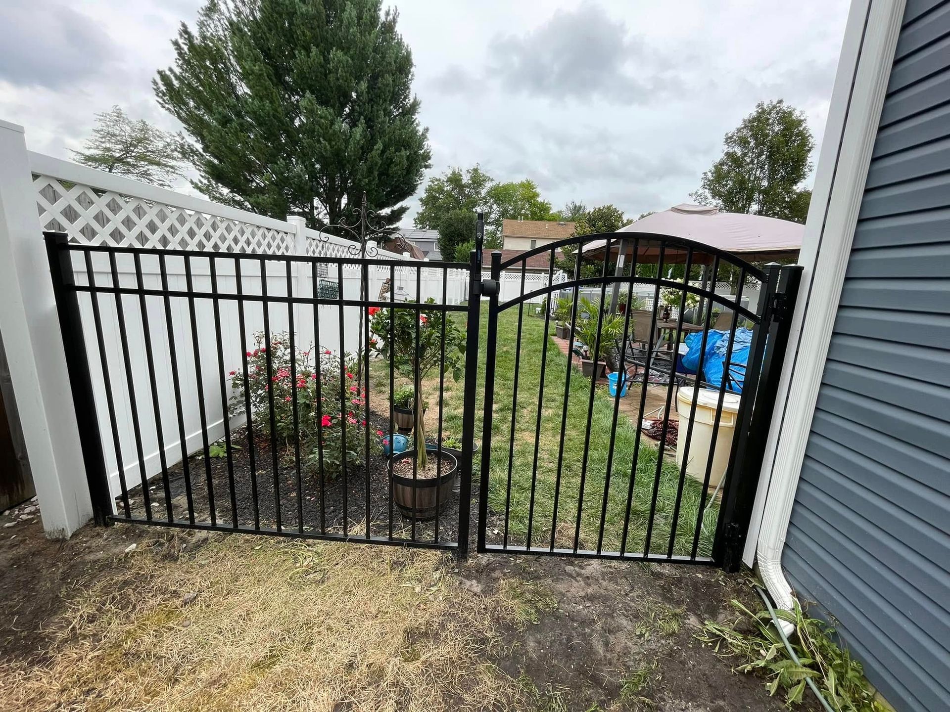 Black metal gate in a fenced backyard, leading to a garden area with flowers and blue barrels. Black metal gate in a fenced backyard, leading to a garden area with flowers and blue barrels.