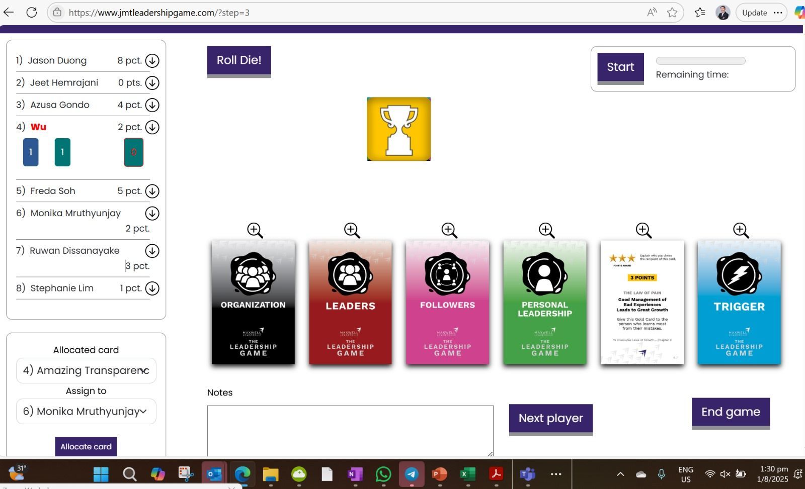 Webpage showing a game with cards and a trophy, navigation on the left.