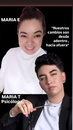 Two individuals against a black background with the text: