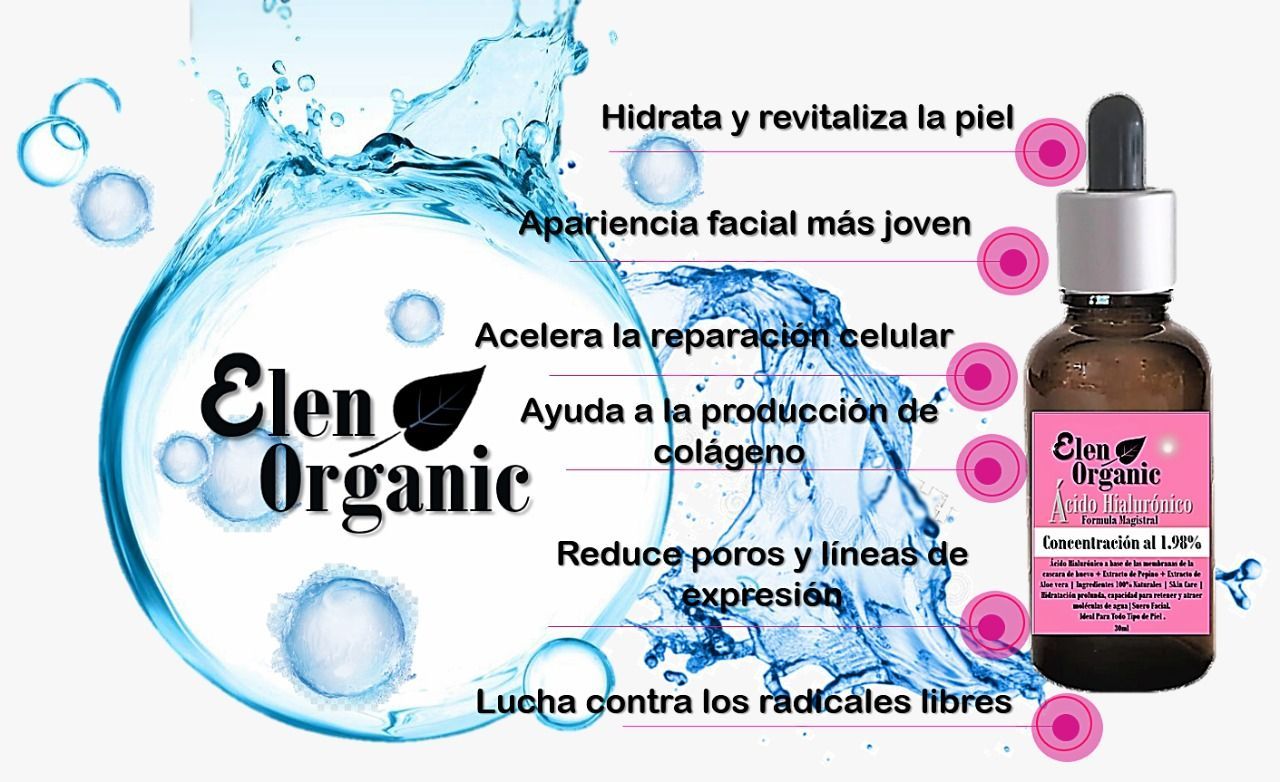 Un frasco oscuro con gotero de sérum Elen Organic junto a salpicaduras de agua y una lista de beneficios para la piel