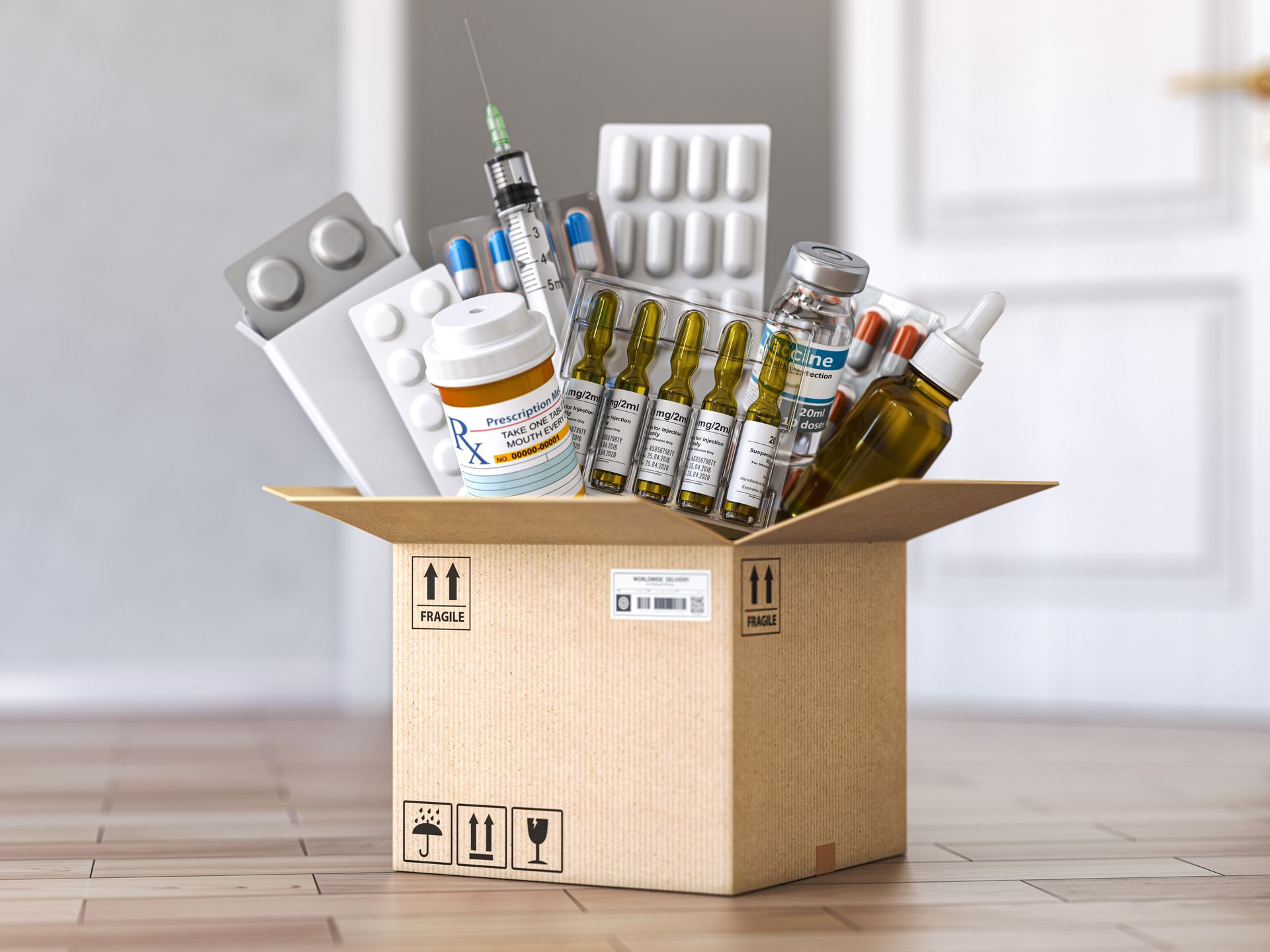 Cardboard box overflowing with various medications, including pills, vials, and a syringe.