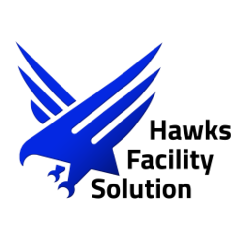 Blue hawk logo with wings outstretched, text "Hawks Facility Solution".