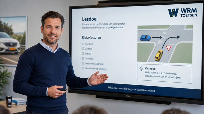 Rijinstructeursopleider geeft uitleg bij WRM-lesmateriaal op een digitaal lesbord