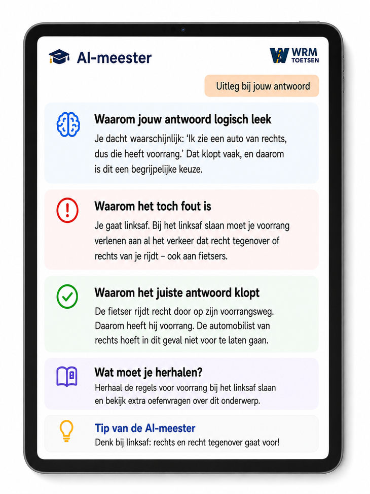 Voorbeeld van persoonlijke uitleg door de WRM AI-meester bij een fout beantwoorde vraag