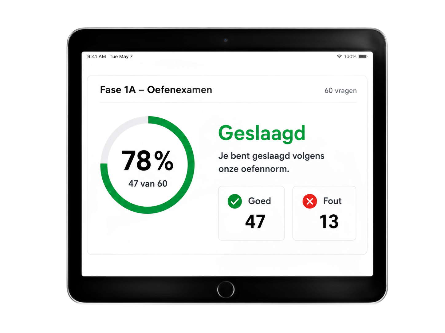 Resultaat van een WRM Fase 2B-oefenexamen op tablet met score, goede en foute antwoorden