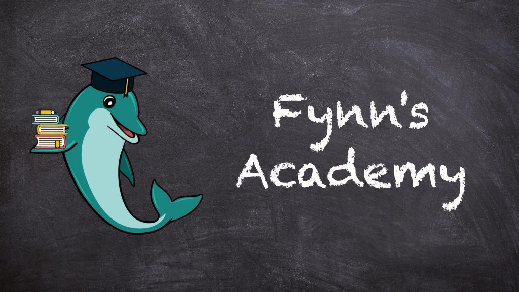 A dolphin in a graduation cap is holding books and the words fynn 's academy are written on a blackboard