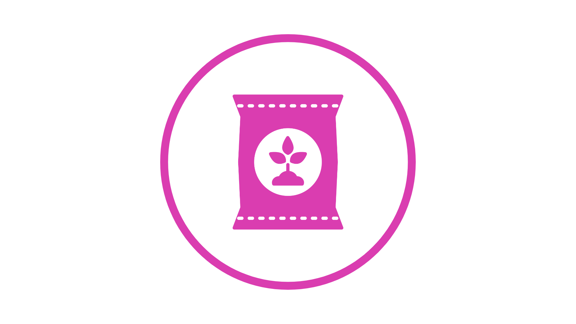 A pink bag of soil with a plant in a circle.