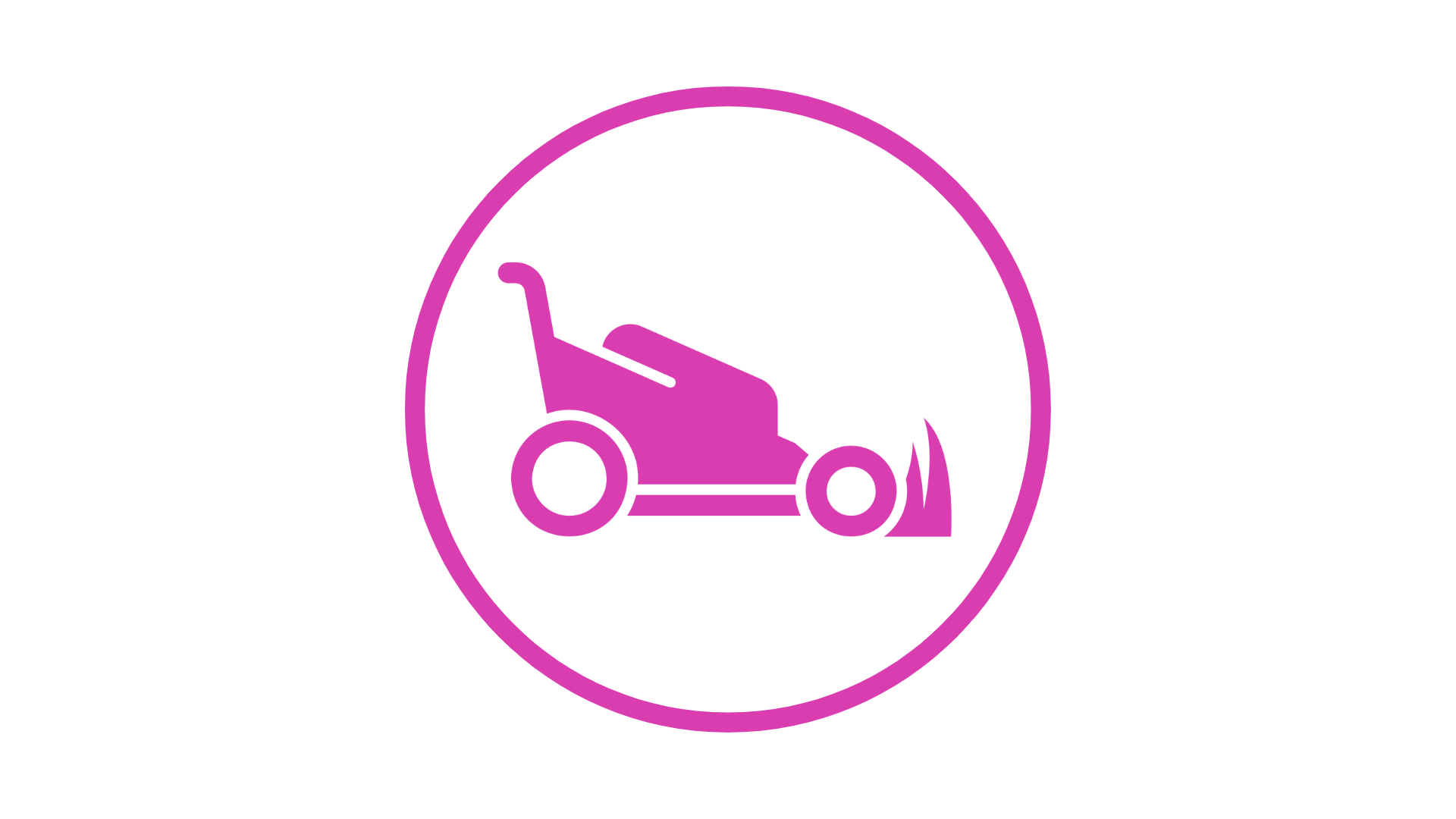 A purple lawn mower icon in a circle on a white background.