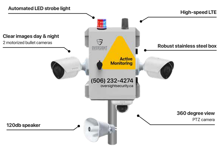 Security camera system with LED strobe light, cameras, speaker, and communication.