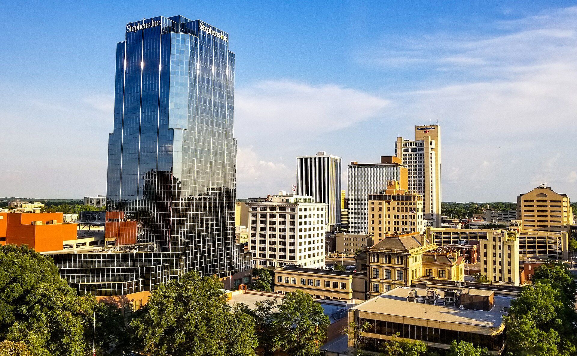 The sun is shining through the branches of a tree overlooking a city.