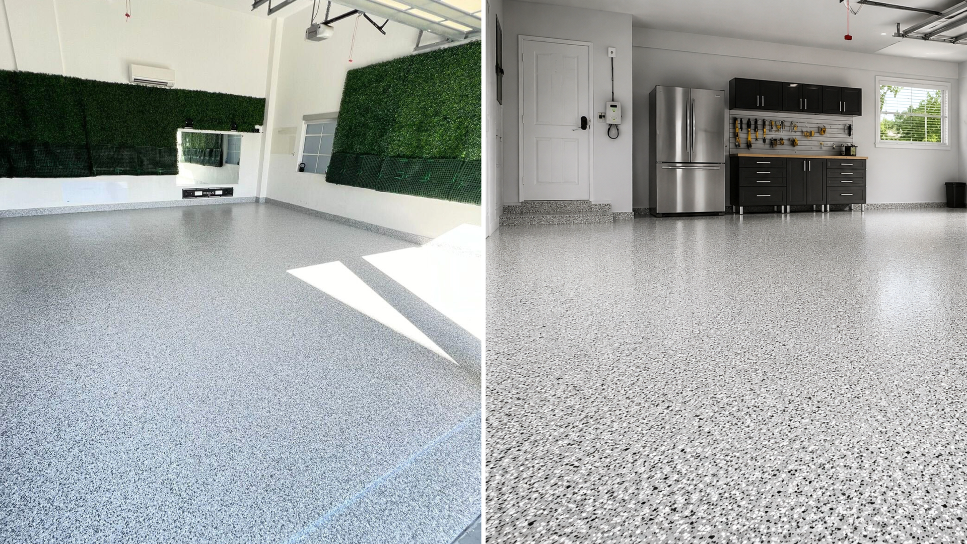 Finished epoxy garage floor coating in Arkansas with decorative flake finish and clean residential 
