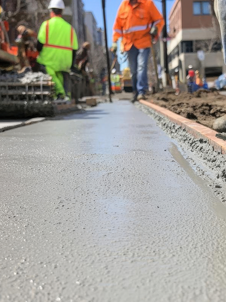 A group of construction workers are walking down a concrete sidewalk.