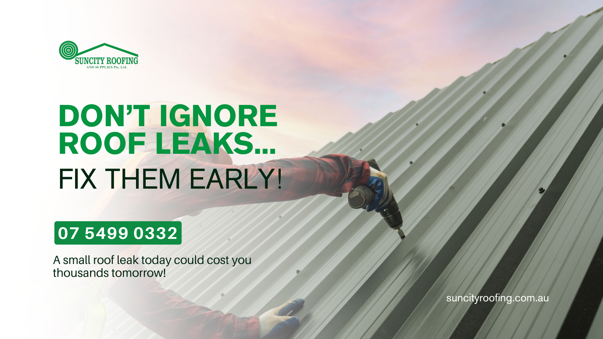 Roofer in safety gear repairing a metal roof with a power drill at sunset – professional roof repair Sunshine Coast