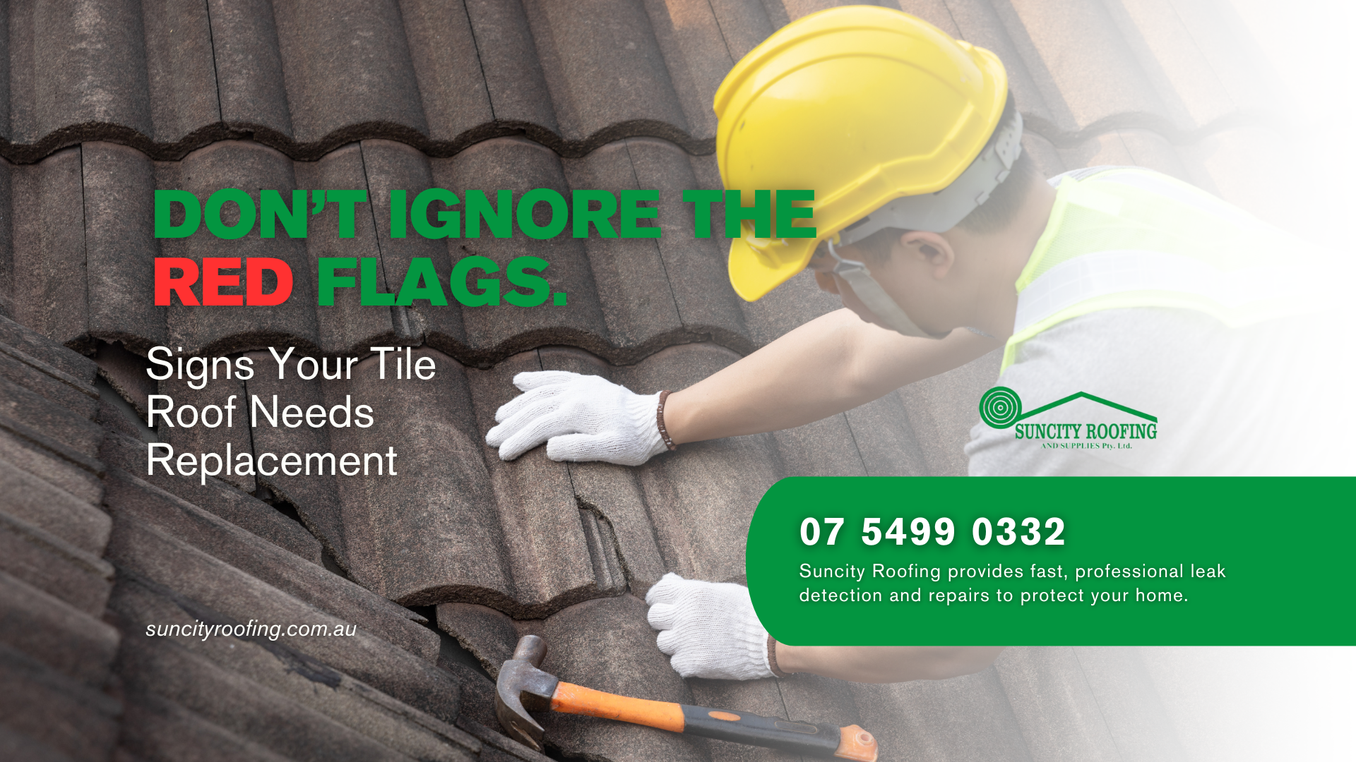 Roofer in safety gear repairing a metal roof with a power drill at sunset – professional roof repair Sunshine Coast