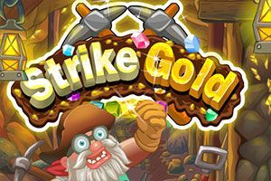 The logo for strike gold is a cartoon of a man digging for gold.