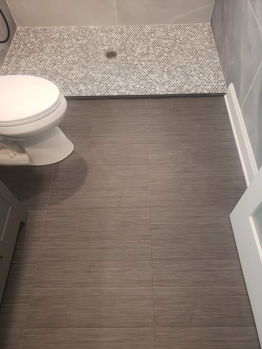 A bathroom with a toilet and a walk in shower.