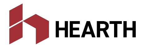 A hearth logo with a red arrow and black text on a white background.
