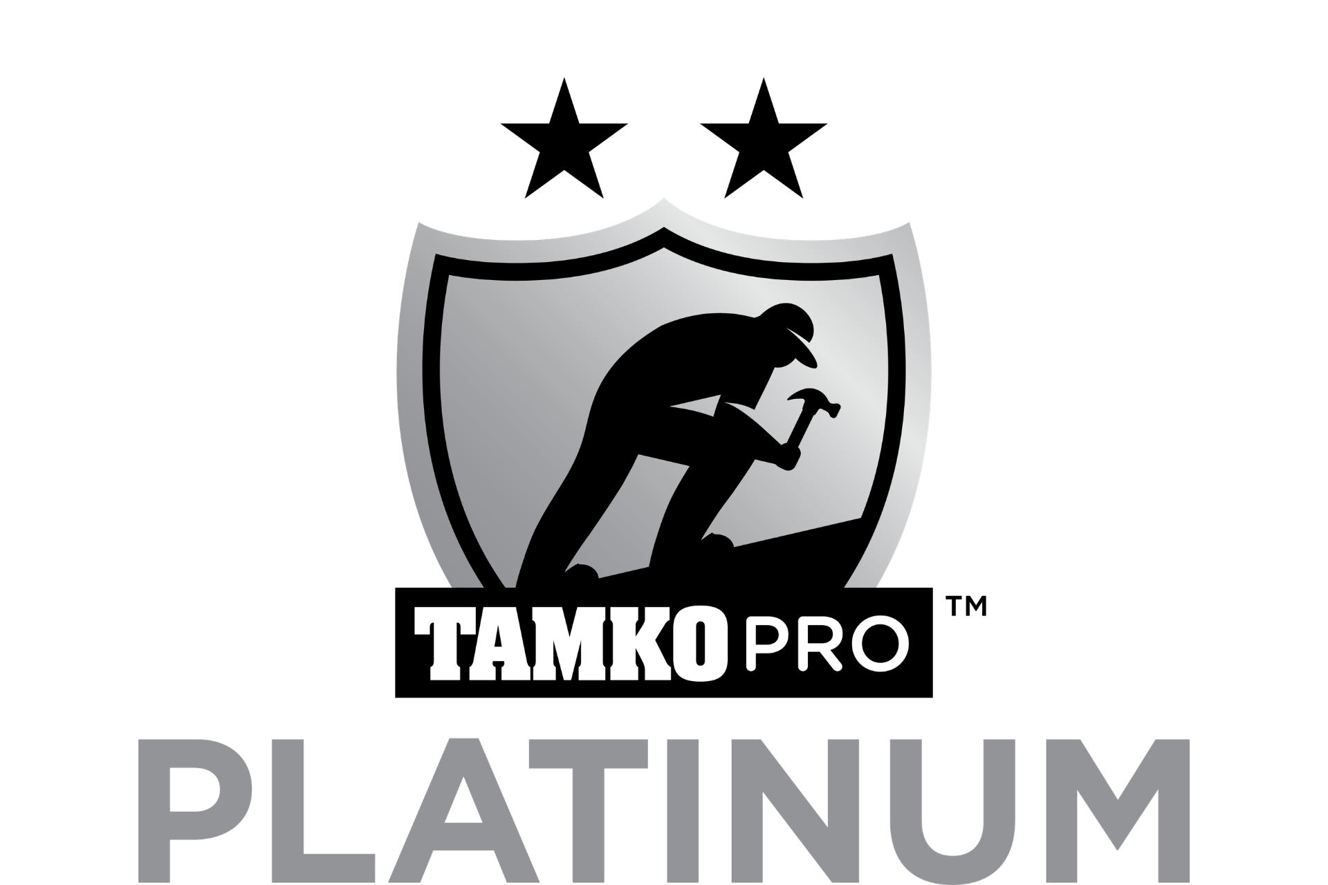 TAMKO PRO Platinum logo with shield, black silhouette, two stars, and gray “PLATINUM” text