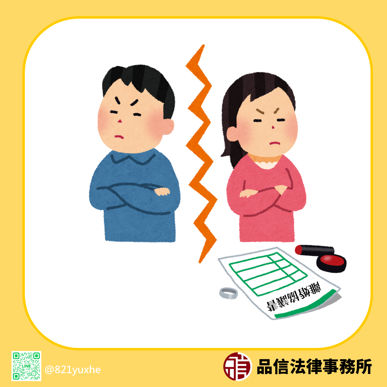 Couple with angry expressions, divorce document with red seals.