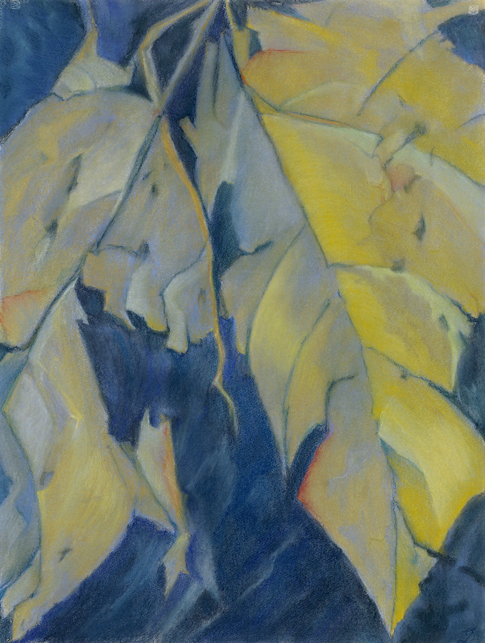 A painting of yellow leaves on a blue background
