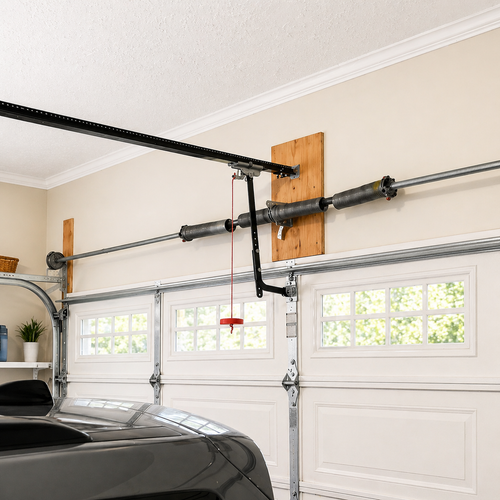 Garage ceiling with exposed rafters and a metal garage door spring mounted on a wooden beam Garage ceiling with exposed rafters and a metal garage door spring mounted on a wooden beam