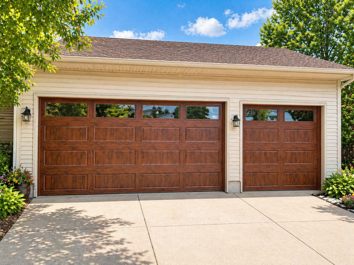 A multi-car garage on a house with light green siding, stone accents, and a driveway under a clear blue sky.