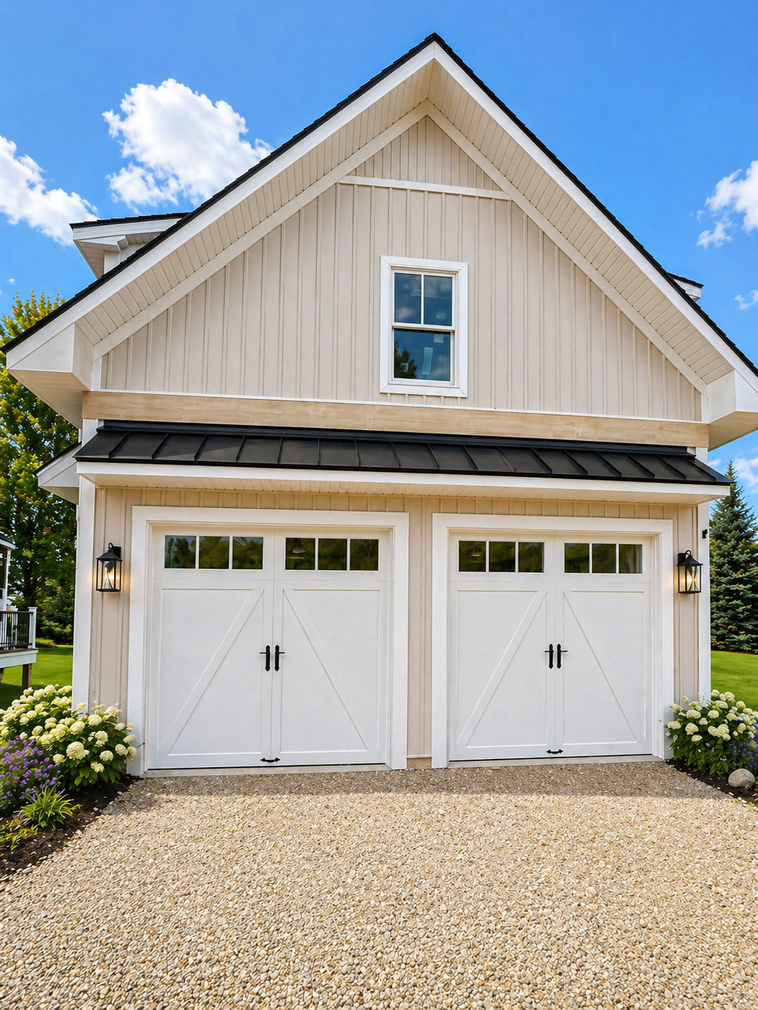 A light gray garage with two white, paneled garage doors under a dark gray shingled roof. A light gray garage with two white, paneled garage doors under a dark gray shingled roof.