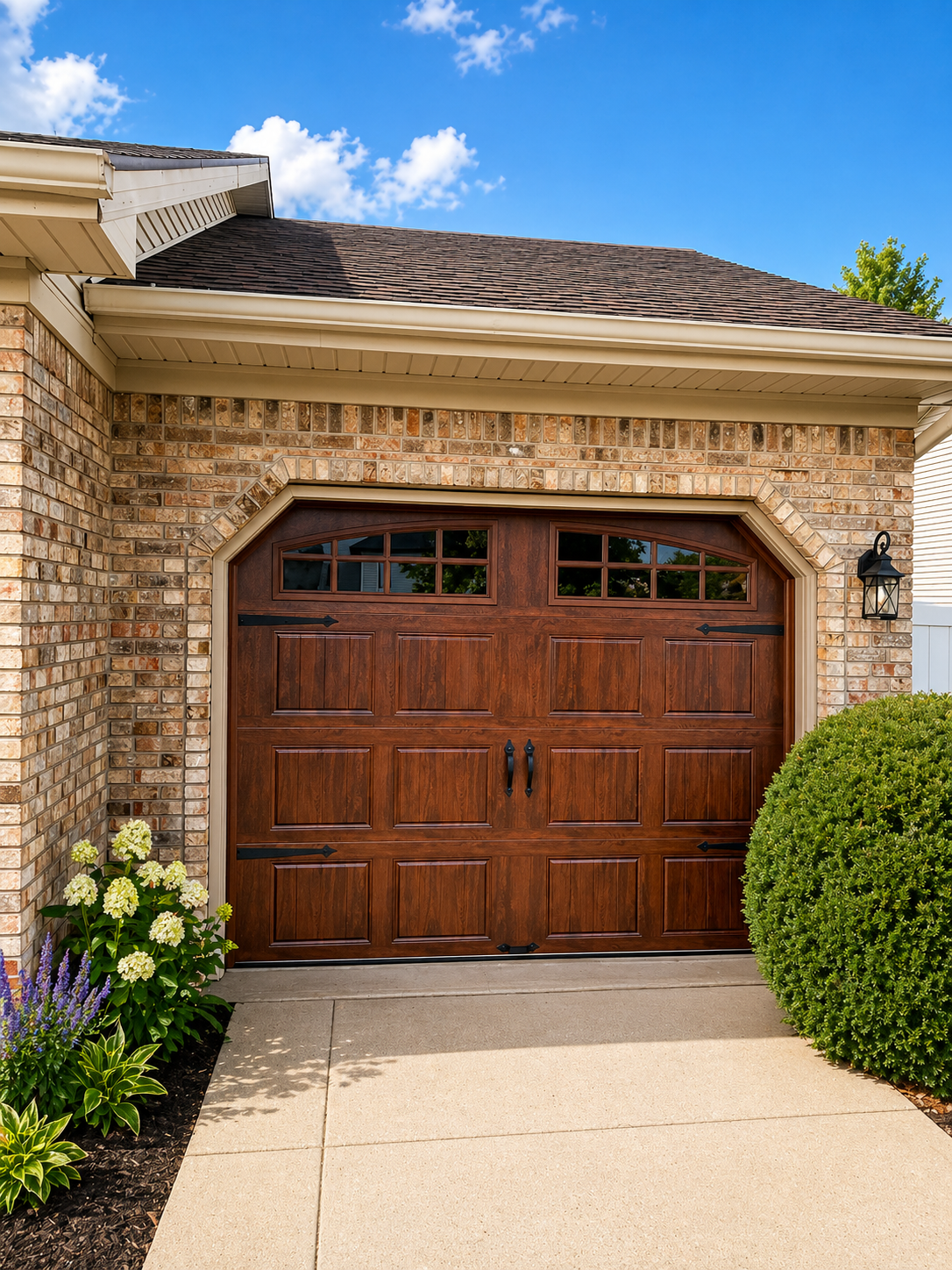 A two-car garage with white doors, gray siding, and a wooden shingle roof, set in front of a brick driveway and garden.