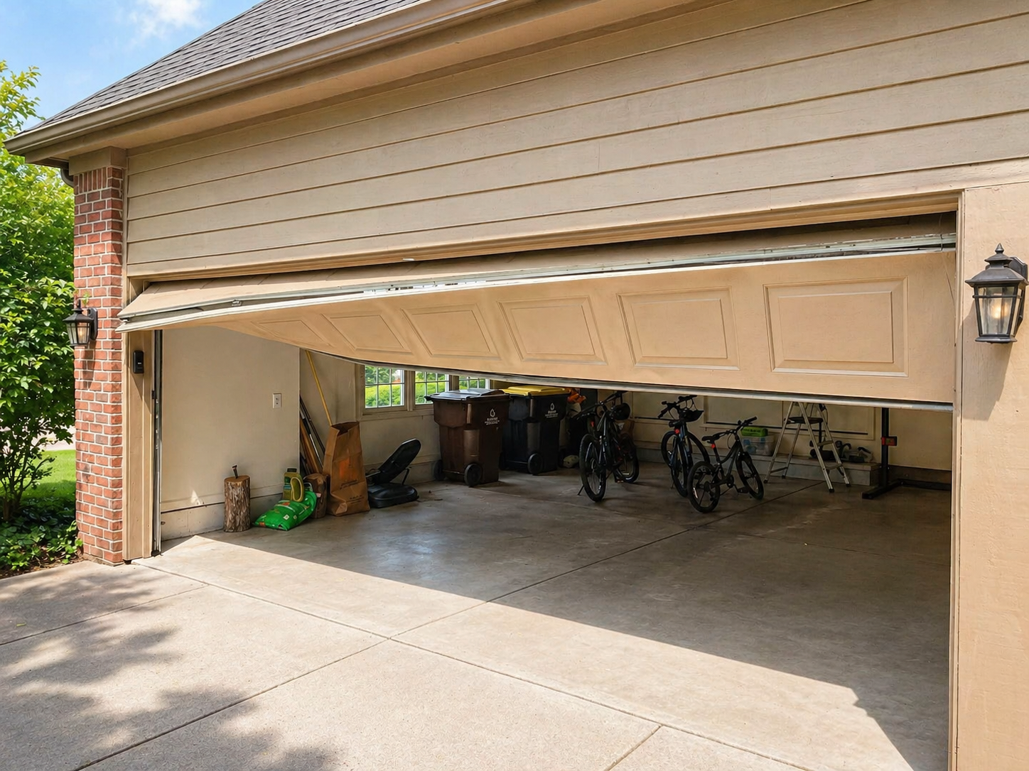 Damaged white garage door bent inward with a large tear in a brick house facade