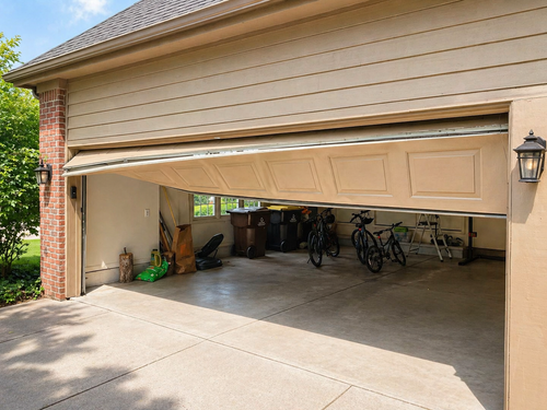 Damaged white garage door bent inward with a large tear in a brick house facade Damaged white garage door bent inward with a large tear in a brick house facade
