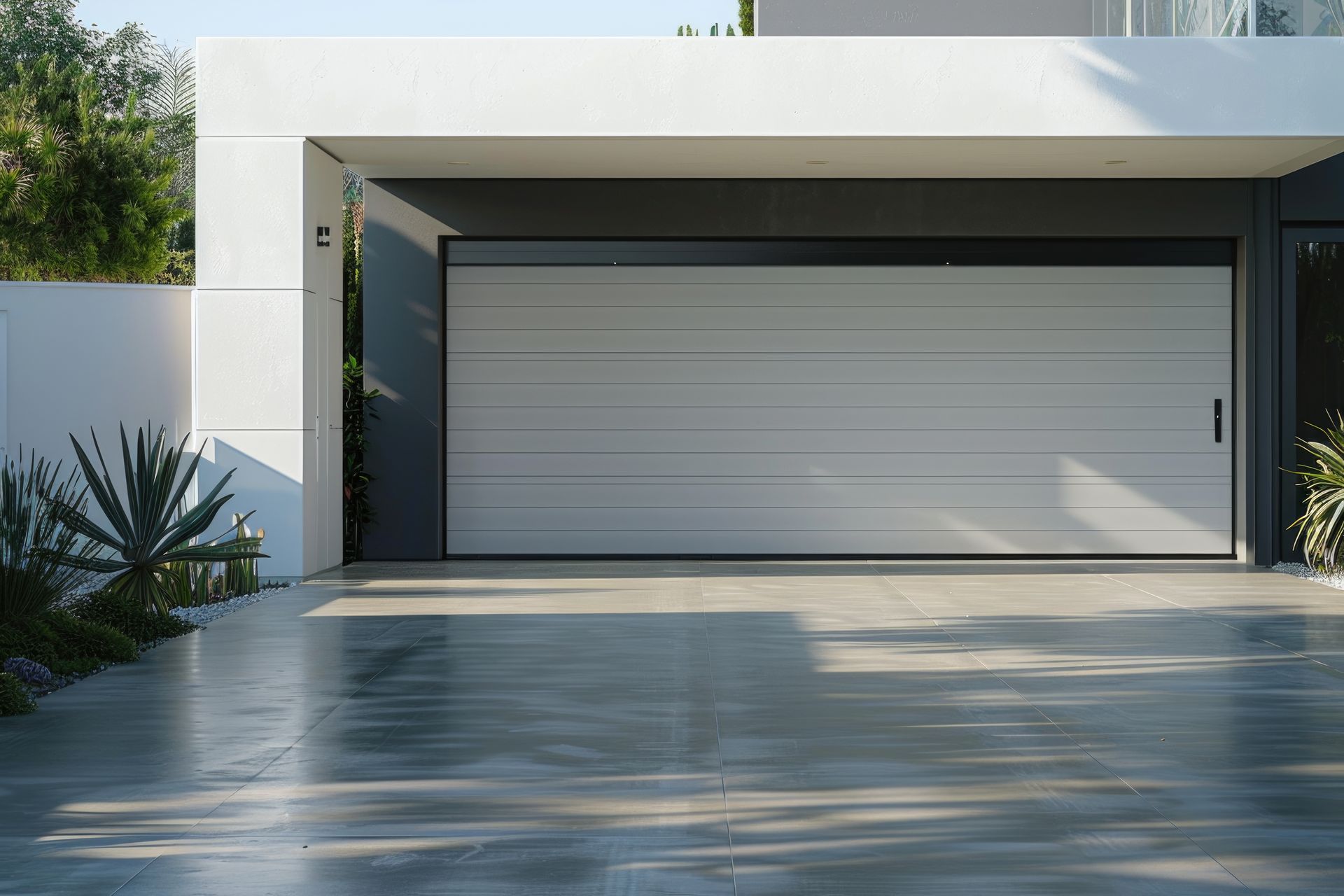 A white garage door is sitting in front of a modern house.