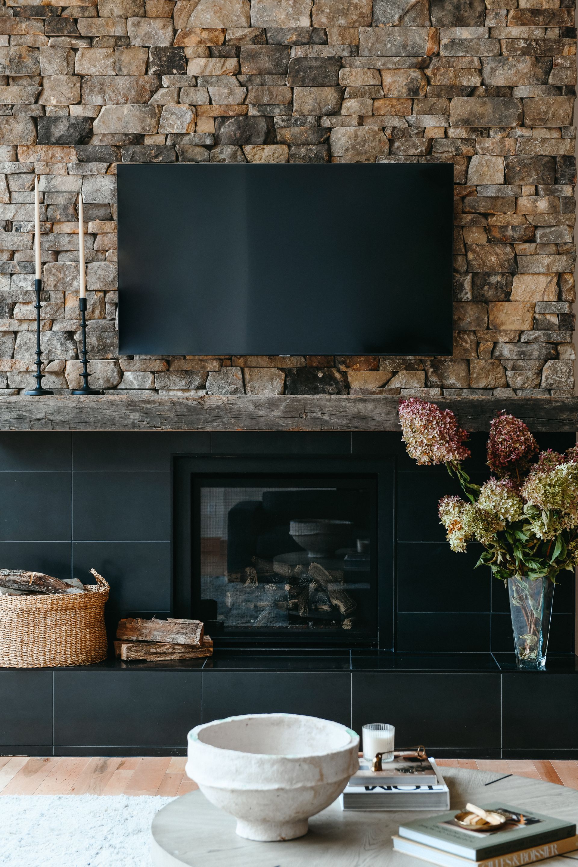 Stone Manor TV and fireplace