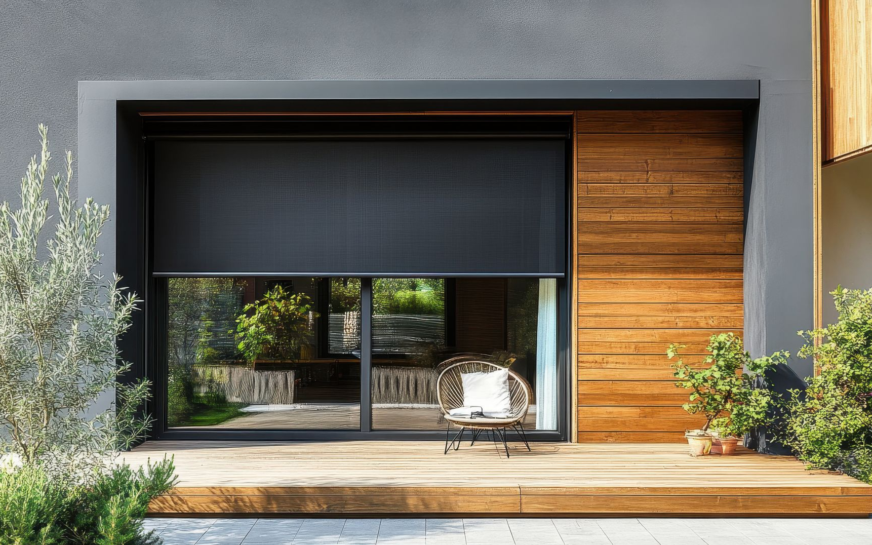 A ground-level view of a modern building exterior featuring a black roller shade over a glass door and wood paneling.