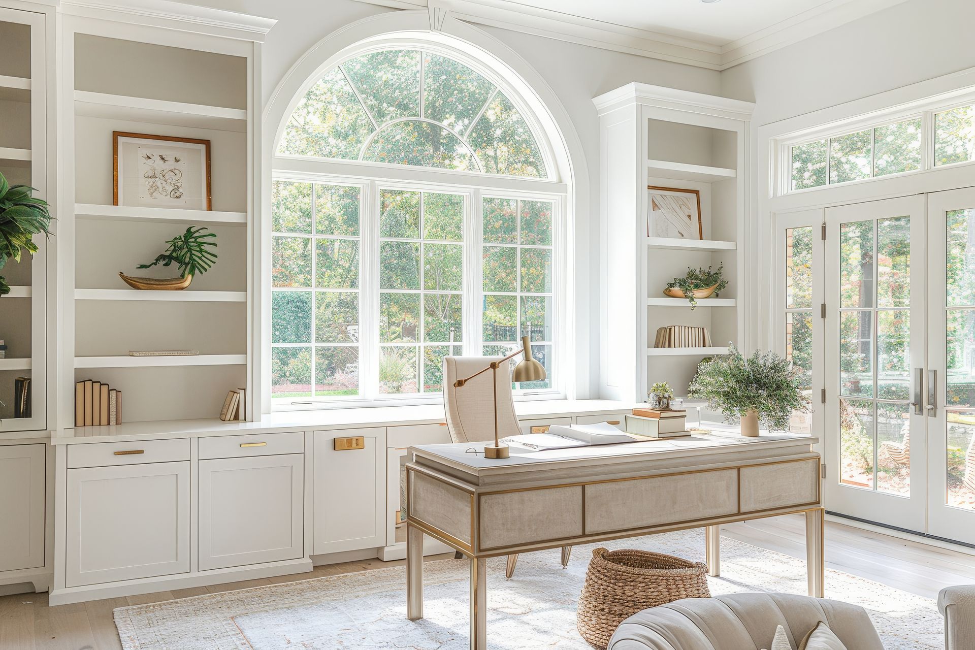 Home office with contemporary desk and half circle window.