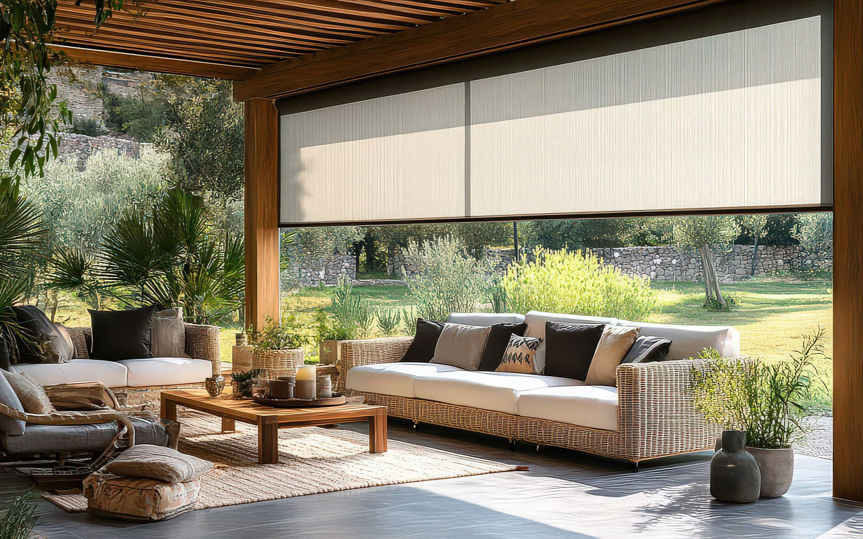 A shaded outdoor patio with a wicker sofa, lounge chairs, a wooden coffee table, and greenery in a garden setting.