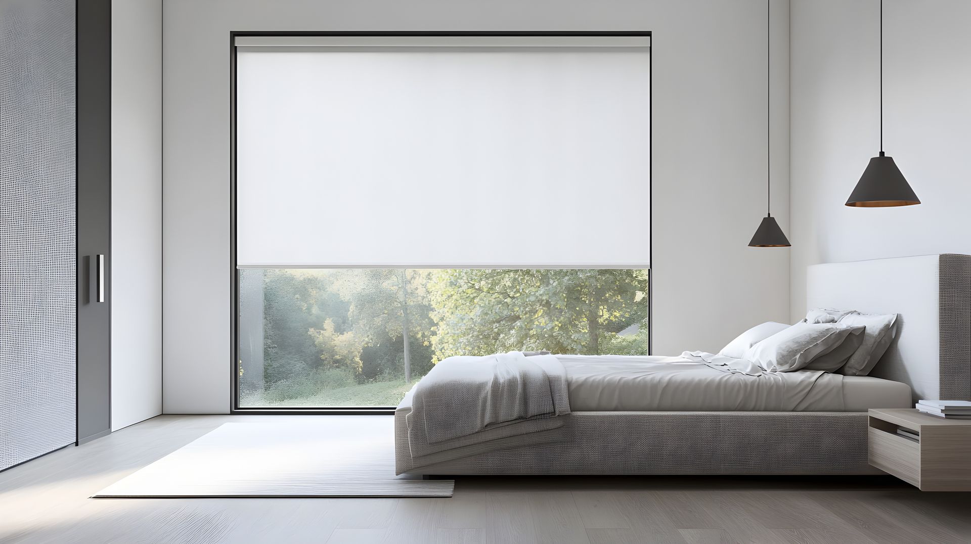 Modern bedroom with bedroom window treatments near Fletcher, NC.