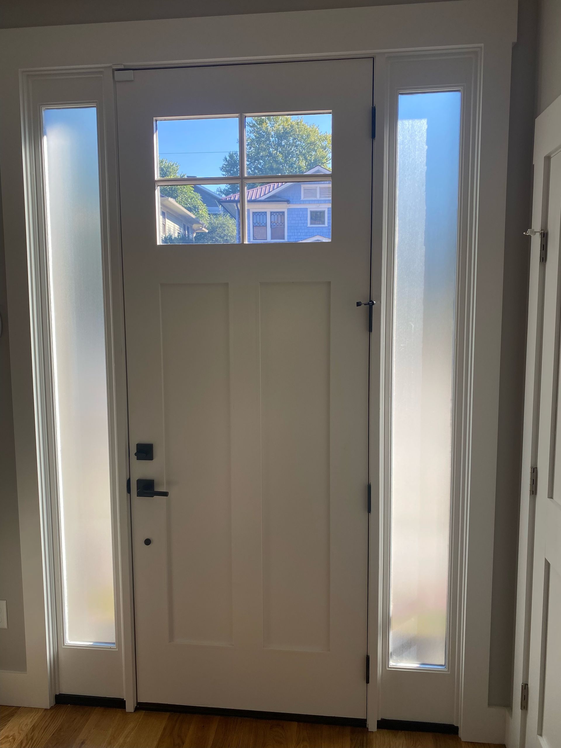 Front door with frosted side panels and a small window, showing a sunny house exterior outside.