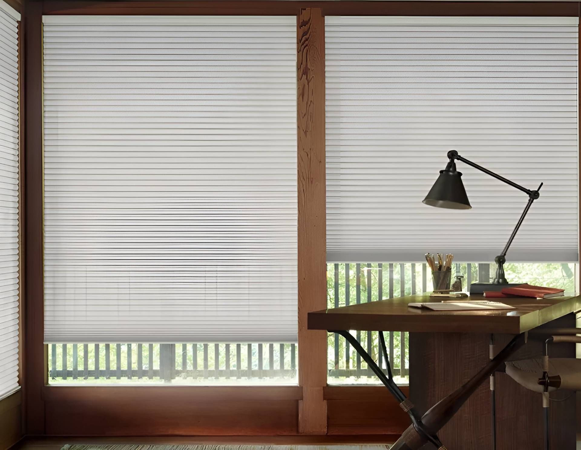 Hunter Douglas cellular shades in a home office near Fletcher, NC