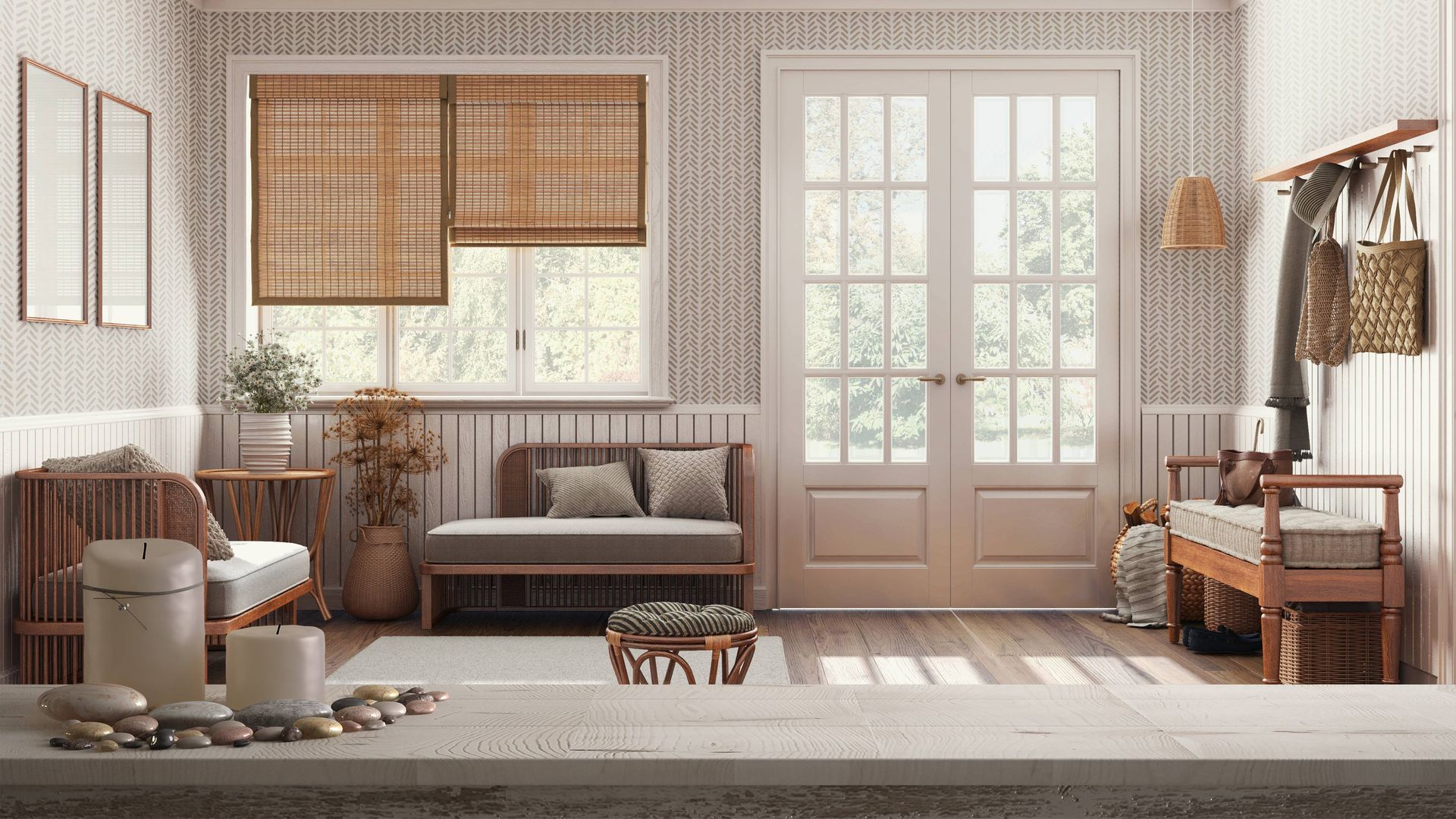 Living room featuring modern farmhouse design and custom shades.