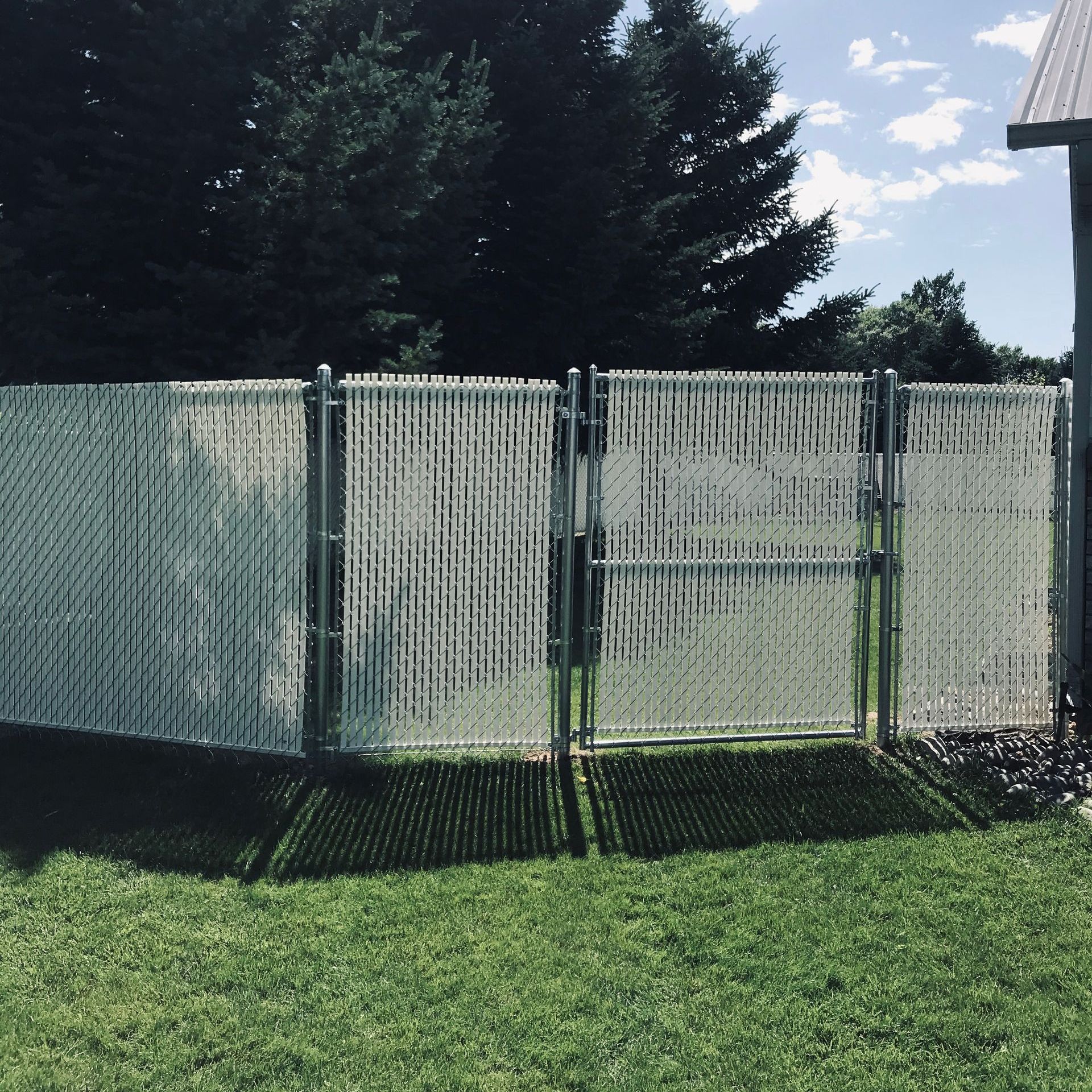 A white chain link fence surrounds a lush green yard