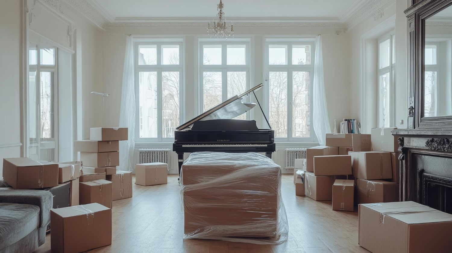 Wrapped grand piano among moving boxes in a bright, white room with tall windows