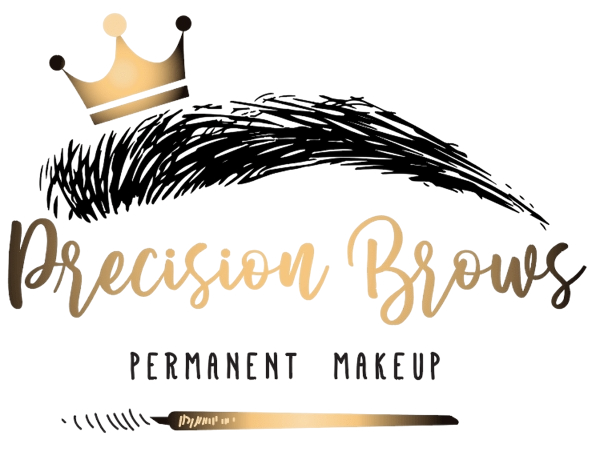 A logo for precision brows permanent makeup with a crown on it.
