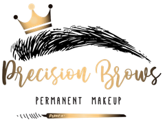 A logo for precision brows permanent makeup with a crown on it.
