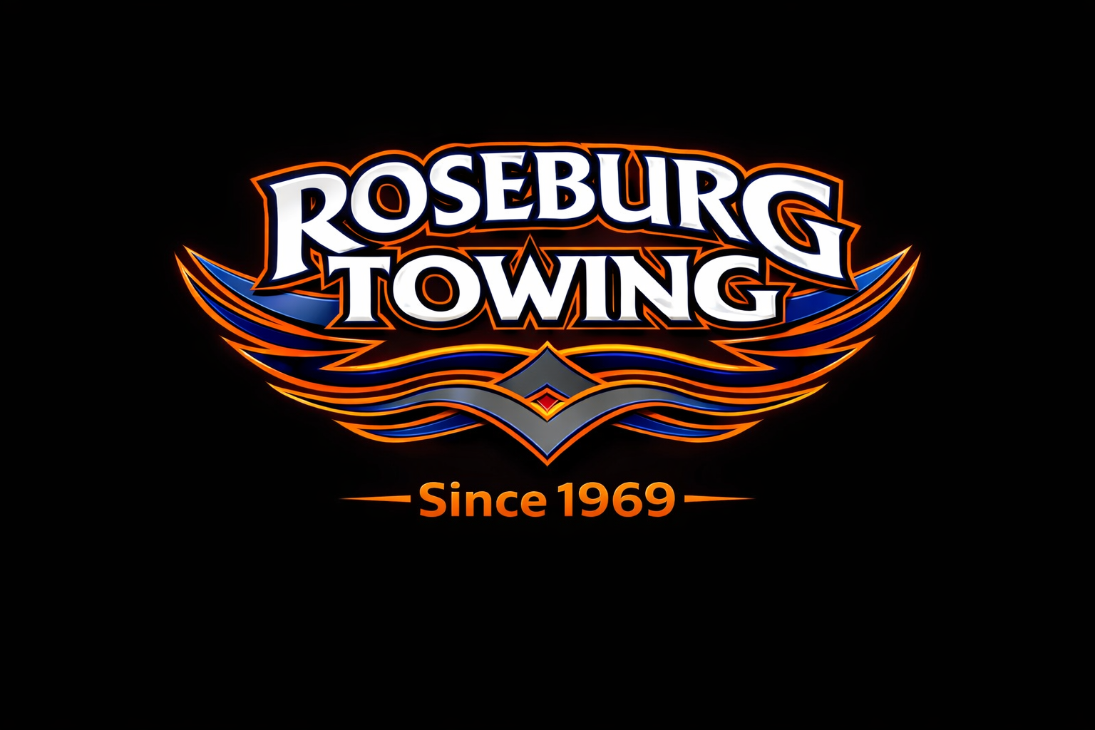 Roseburg Towing logo with text in a stylized font and a gray swoosh.