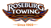 Roseburg Towing logo with text in a stylized font and a gray swoosh.