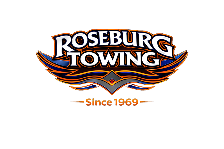 Roseburg Towing logo with text in a stylized font and a gray swoosh.