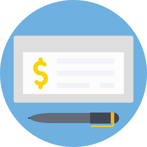 Check and pen against a blue background.