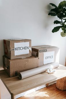 Moving boxes labeled 