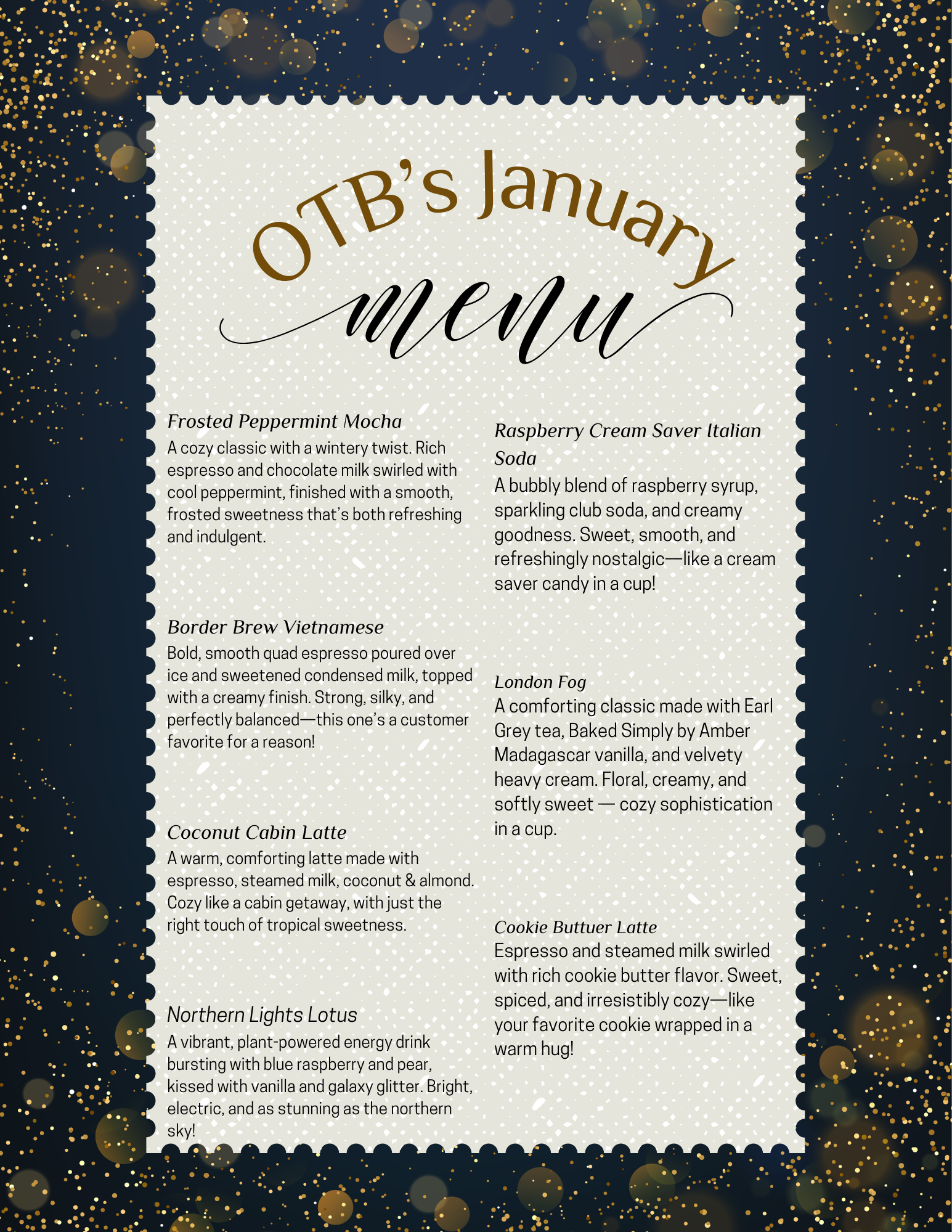 OTB's January menu on a gold-speckled dark blue background, with menu items in a cream-colored frame.
